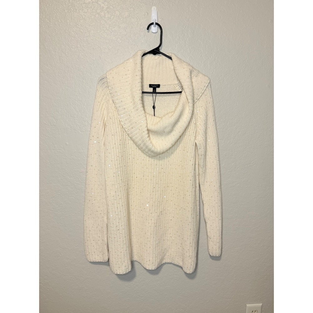Talbots Holiday Embellished Cowl Neck Sweater Sparkly Knit Cream Women's